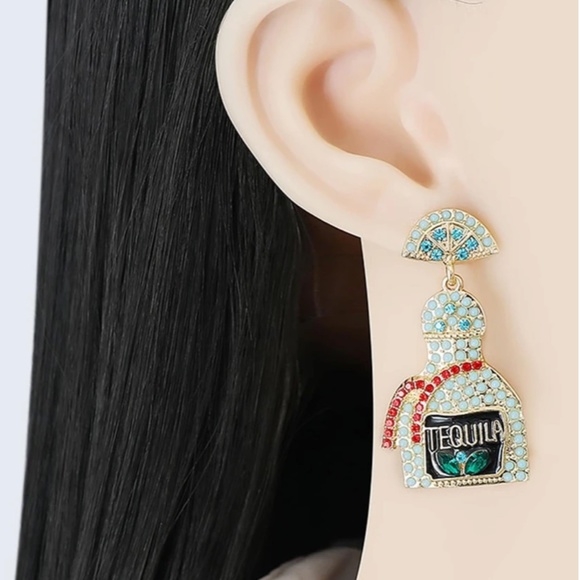 💍💍 FREE Tequila Alcohol Drink Party Rhinestone Boho Hipster Pop Deco Earrings - Picture 5 of 5